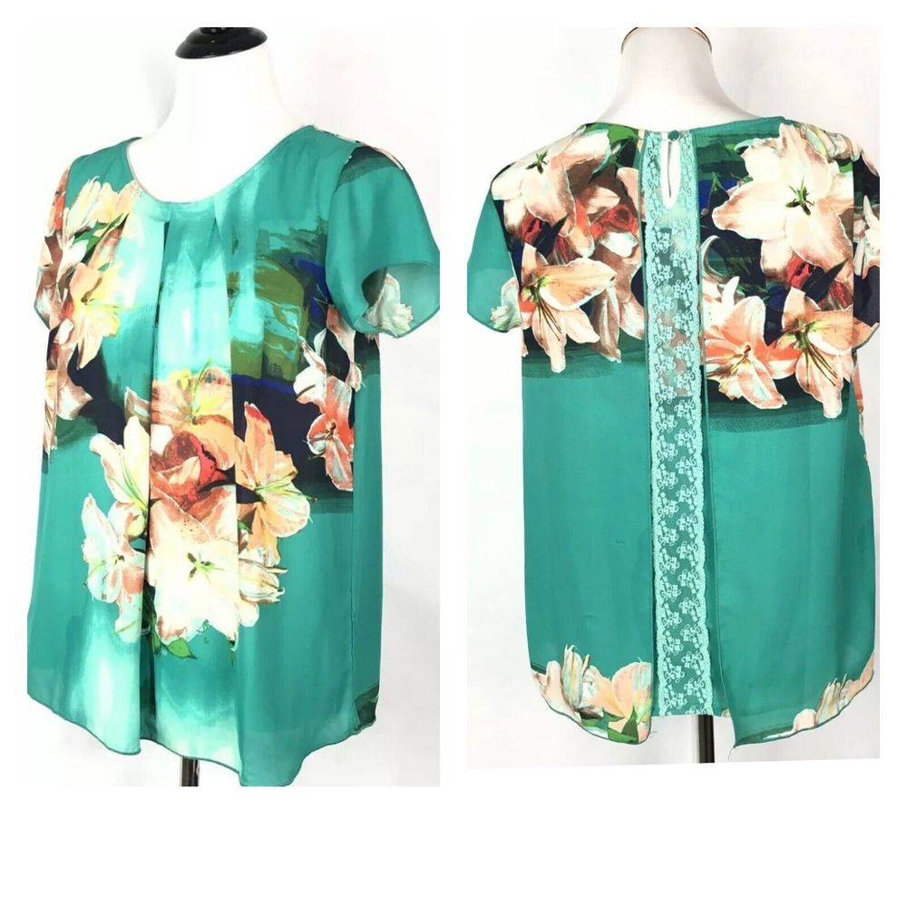 Womens Tropical Print Blouse Size M Kate & Mallory Green Floral Lace Feminine